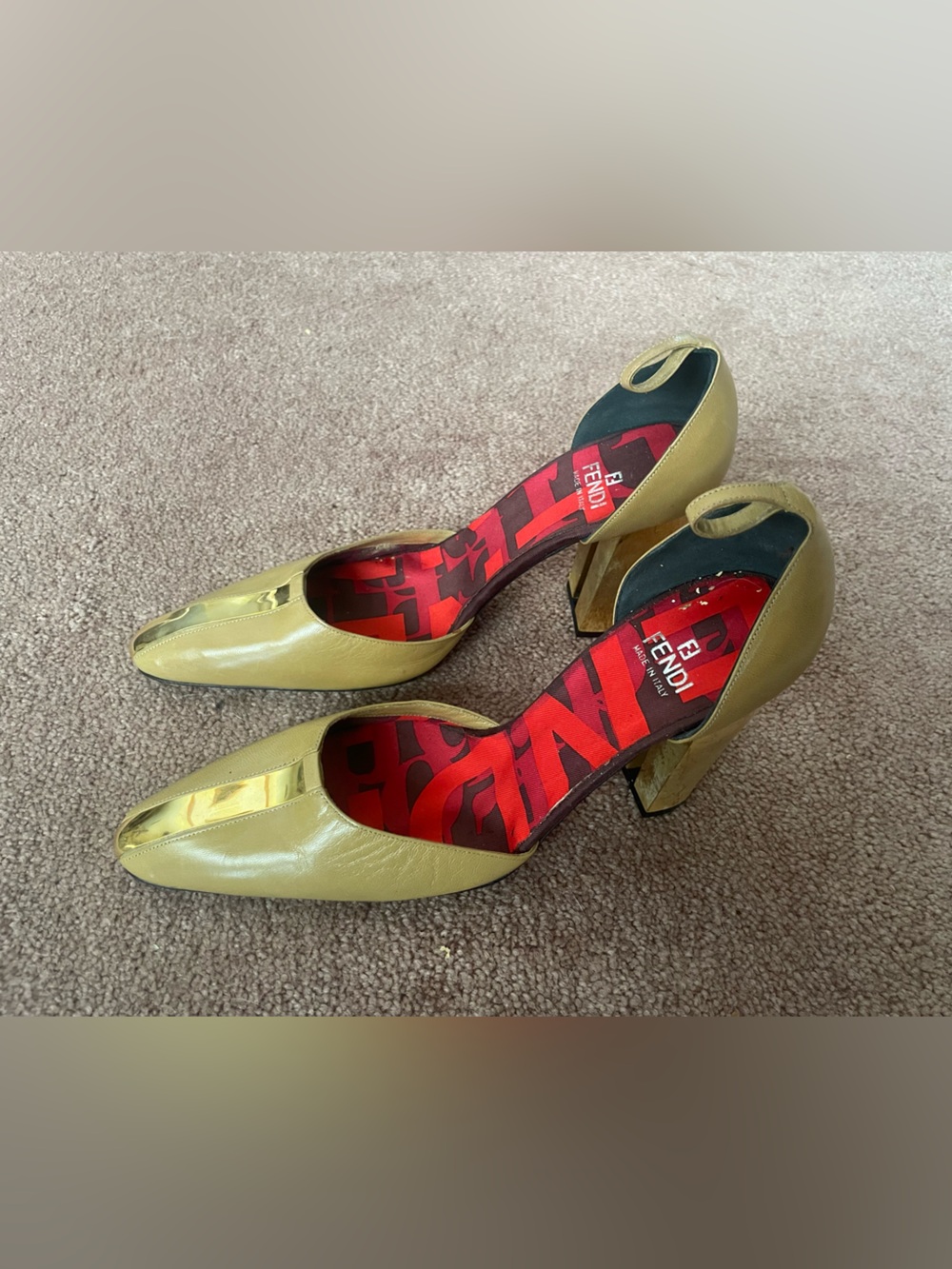 Fendi Olive Green Pointed Toe Logo Insole Pumps